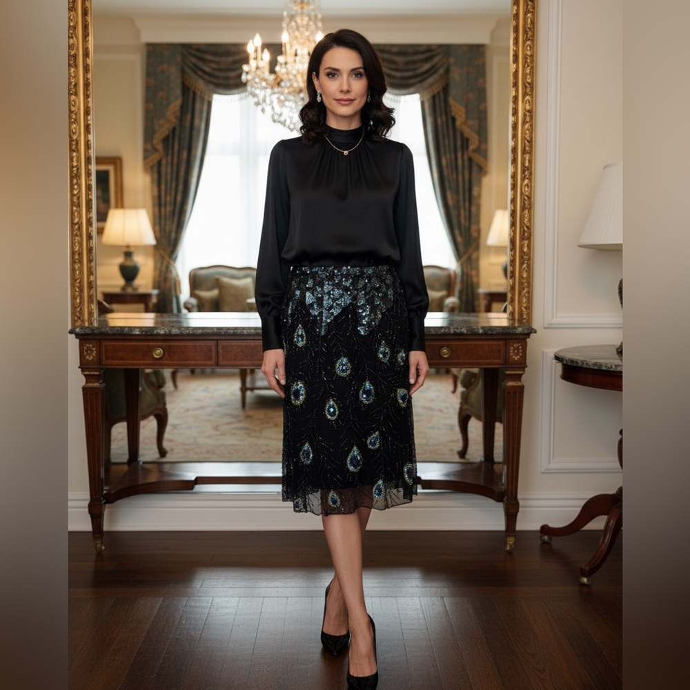 Elegant Black and Blue peacock design had beaded Skirt